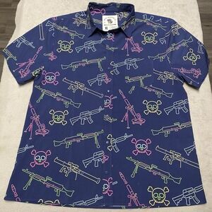 Savage Tacticians Snap Button Up Shirt Mens XL Neon Lights Guns Skull